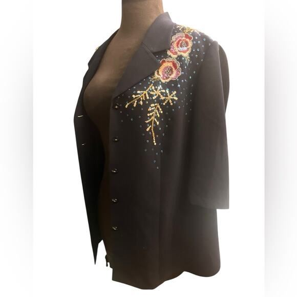 Vtg Black Floral Sequin Boho Glam Artsy Eclectic Party Shirt Jacket Shacket 2X - Picture 3 of 9